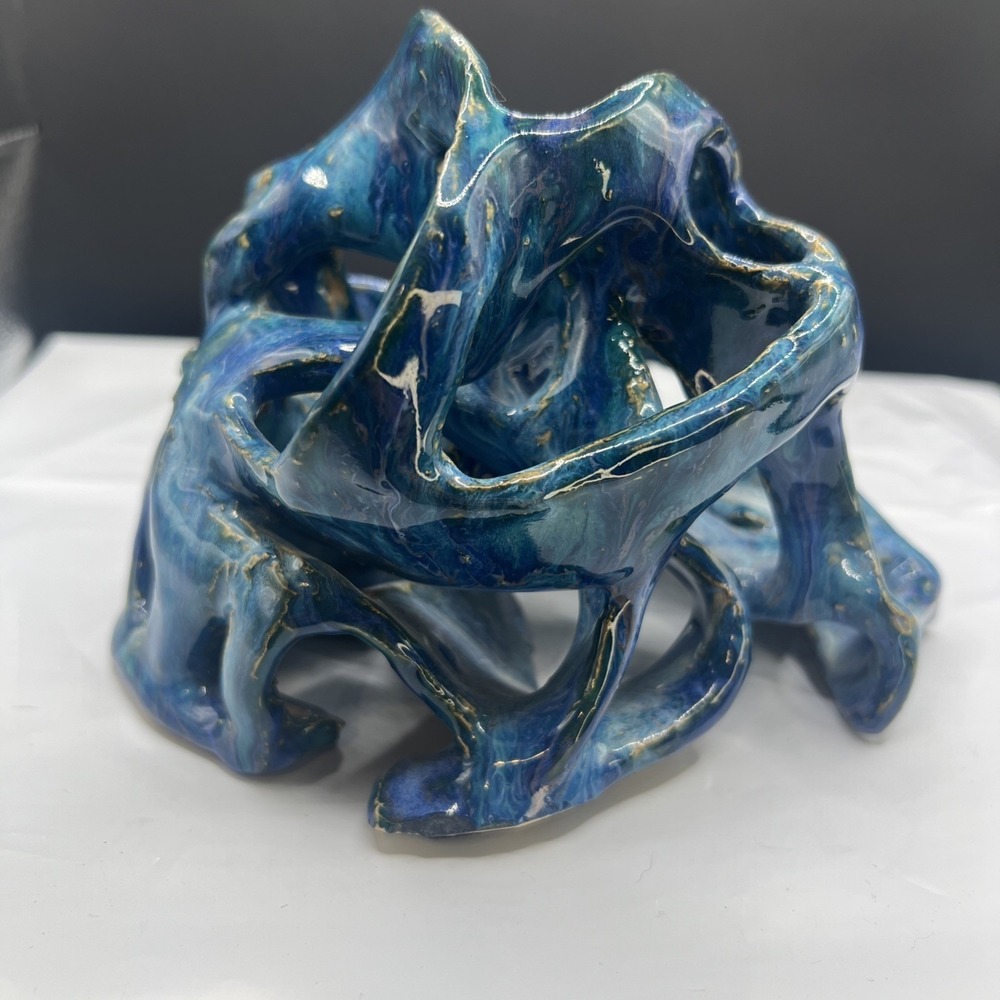Abstract Biomorphic Ceramic‎ Ribbon Sculpture Blue Gold Luster Marked RB 2015